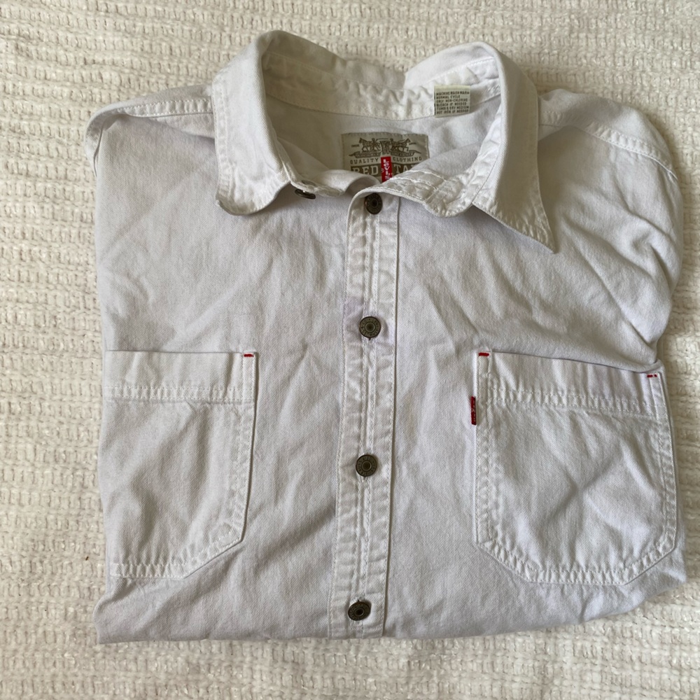 Levi’s White Denim Button Down Rugged Cowboy Shirt XL Metal Buttons Red Tab